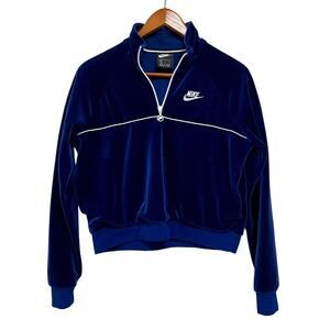 Nike Velour Quarter Zip Pullover Cropped Sweatshirt Navy Blue Womens Medium